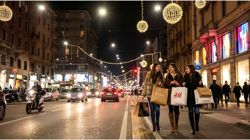 Three young women walking with shopping bags on Corso Buenos Aires in Milan at night, surrounded by Christmas lights, traffic, and illuminated storefronts.