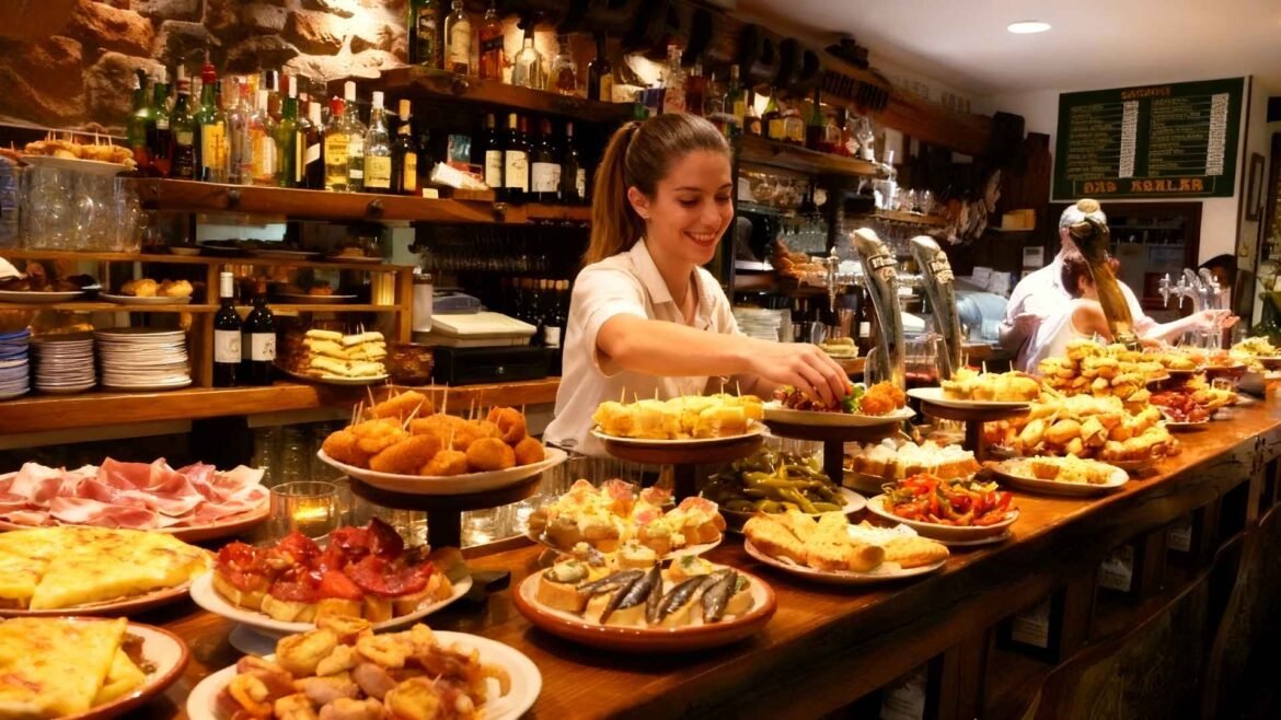 A traditional tapas bar in Seville, Spain, with a bartender and a young female staff member serving colorful Spanish tapas dishes under warm lighting.