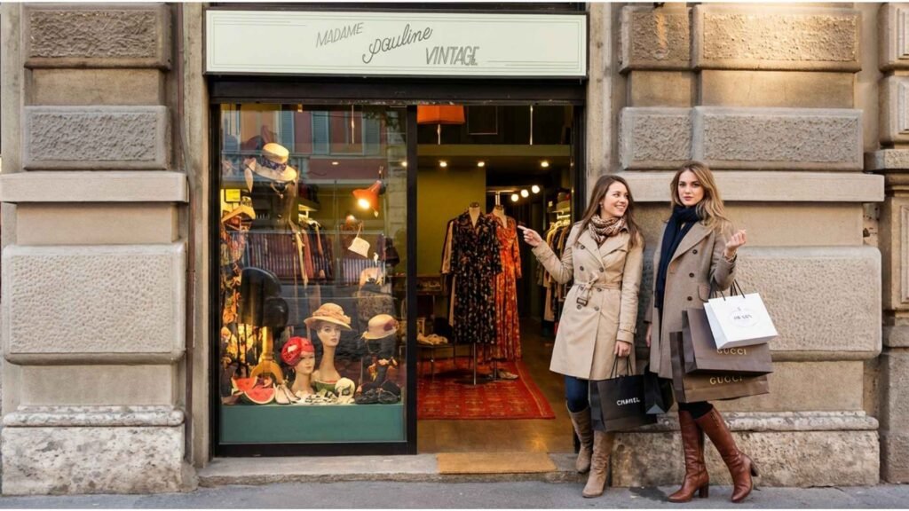 Two fashionable young women holding shopping bags and posing beside the Madame Pauline Vintage boutique in Milan.