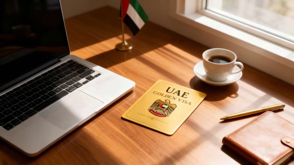 Elegant home office with wooden desk, coffee cup, armchair, and laptop overlooking Dubai skyline, representing UAE Golden Visa lifestyle