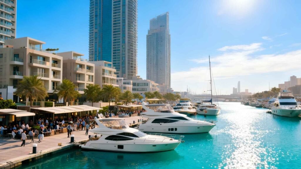 Sunny daytime view of Dubai Creek Harbour marina with yachts, waterfront restaurants, palm trees, and modern residential towers