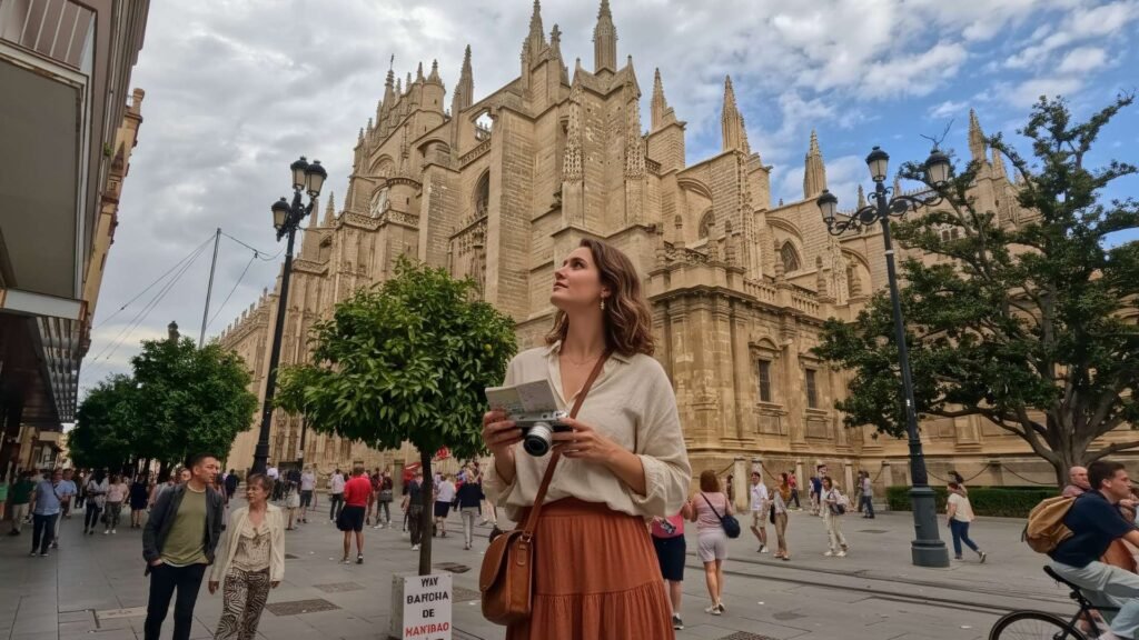 A young woman in a rust-orange skirt stands in front of Seville Cathedral, Spain, looking up at the Gothic architecture under a partly cloudy sky.
