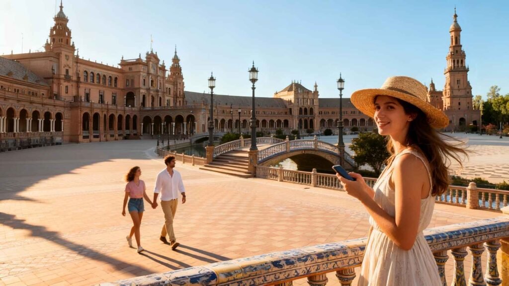 A young couple walking across Plaza de España in Seville while a female traveler photographs the scene with her smartphone under warm morning light.