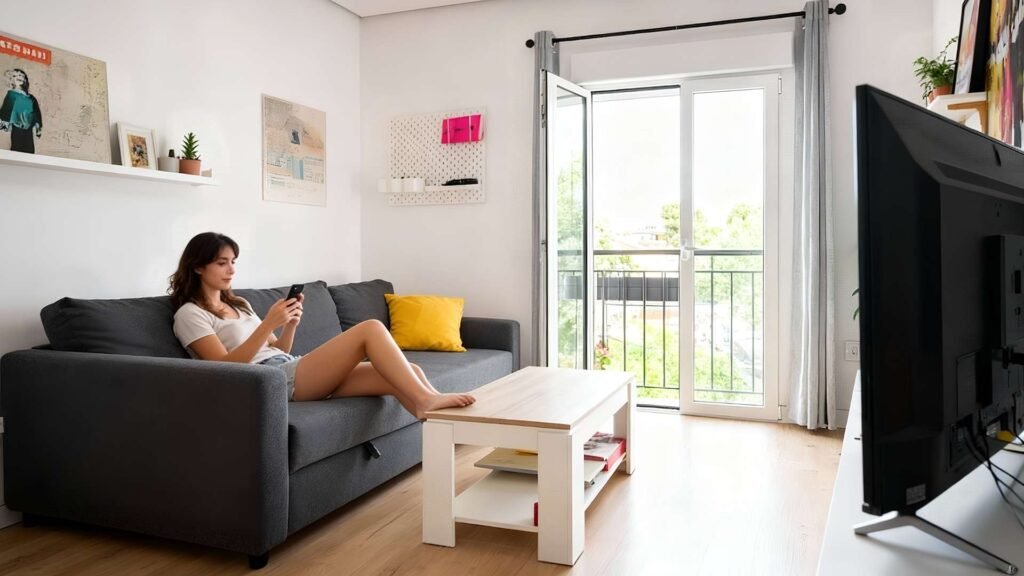 A bright modern living room in a Seville apartment with a grey corner sofa, a young woman sitting and looking at her smartphone, open balcony doors, wooden floor, white furniture, and colorful wall art.