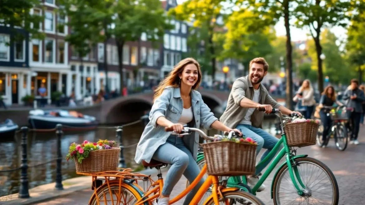 Smiling couple riding bicycles along a canal in Amsterdam on a sunny day