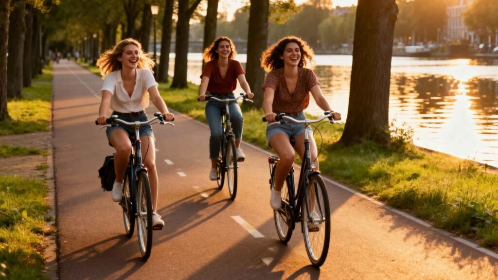 Three young women cycling along a scenic riverside bike path in Amsterdam at sunset