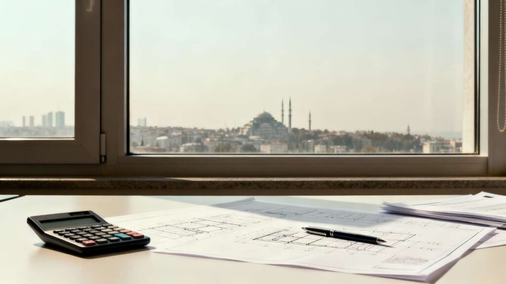 Architectural blueprints and calculator on a modern office desk with Istanbul skyline visible through the window