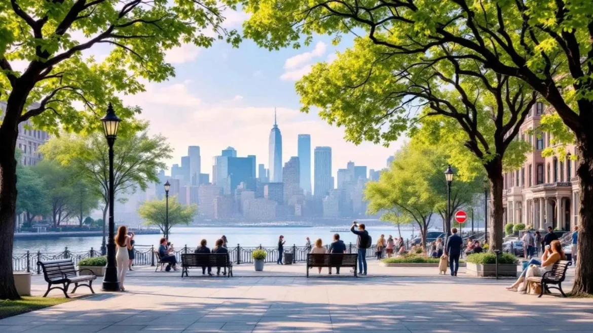 People relaxing and walking along Brooklyn Heights Promenade overlooking the Manhattan skyline