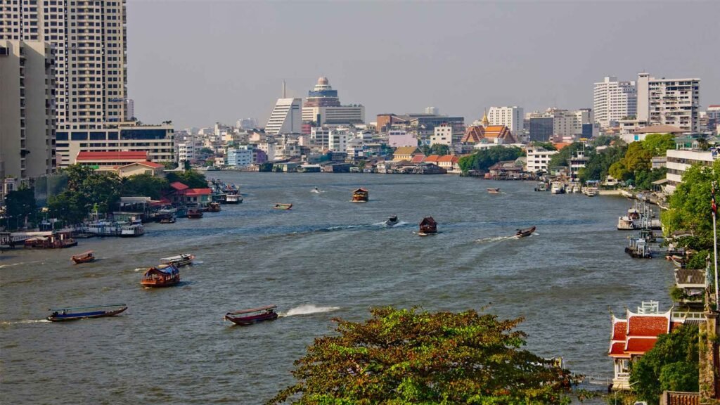 Aerial view over the Chao Phraya River flowing through Bangkok, Thailand
