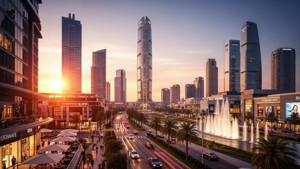 Modern skyline of Downtown Dubai with fountains, high-rise towers, and sunset ambiance