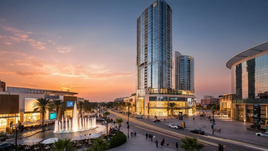 Sunset view over a modern Dubai business district with fountains, skyscrapers, and vibrant streets