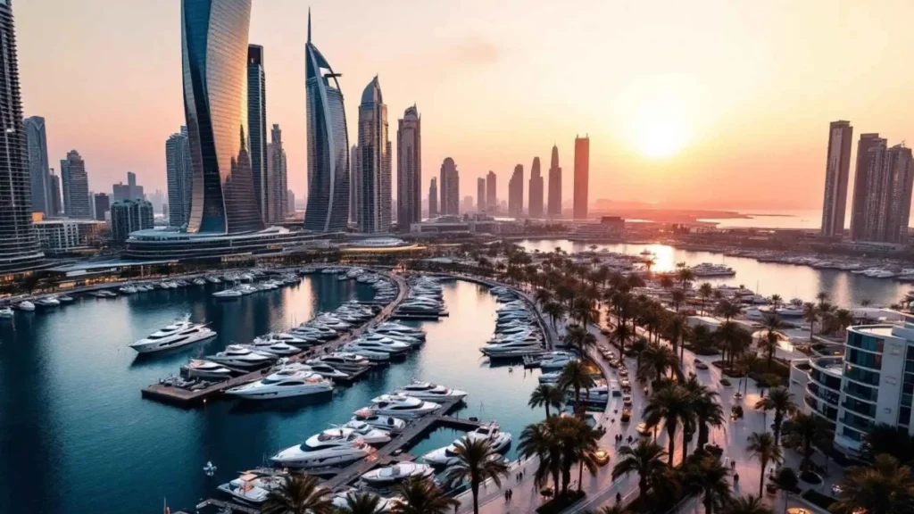Sunset view of Dubai Marina with luxury yachts, waterfront towers, and vibrant city life