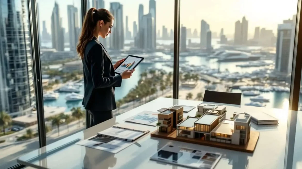 Businesswoman reviewing real estate investment plans in an office overlooking Dubai Marina