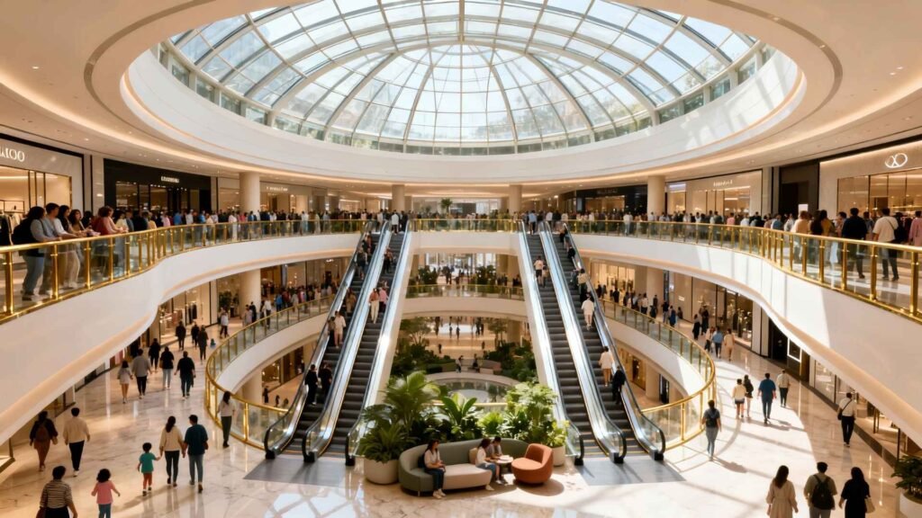 Crowds walking under the grand glass-domed atrium at IstinyePark Shopping Mall Istanbul