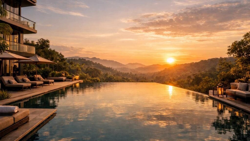 An infinity swimming pool overlooking green hills and natural landscapes, designed as part of a luxury residential lifestyle.