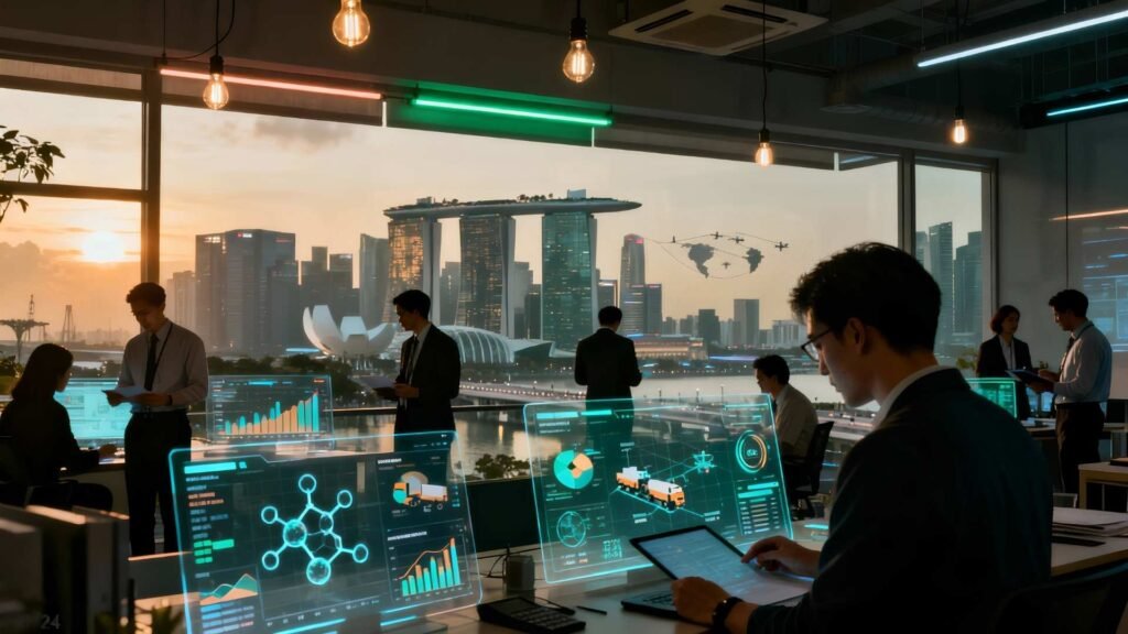 Business professionals working with digital data screens in a modern office overlooking Singapore’s Marina Bay skyline at sunset