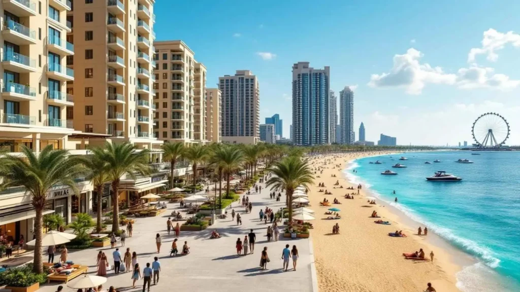Vibrant daytime scene of JBR Dubai with beachfront promenade, tall residences, and beachgoers