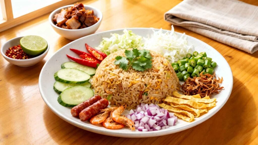 A plate of Bangkok-style mixed fried rice surrounded by cucumbers, chilies, green beans, sausage, dried shrimp, cabbage, egg strips, and onion.