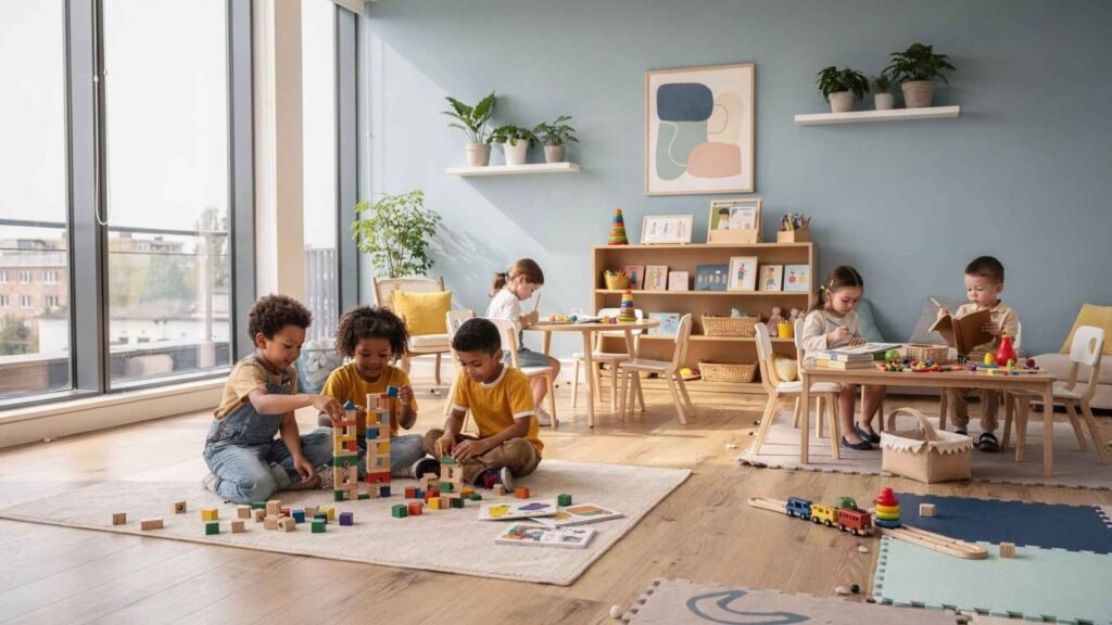 Children playing and learning together in a bright and safe indoor kids club within a residential development.
