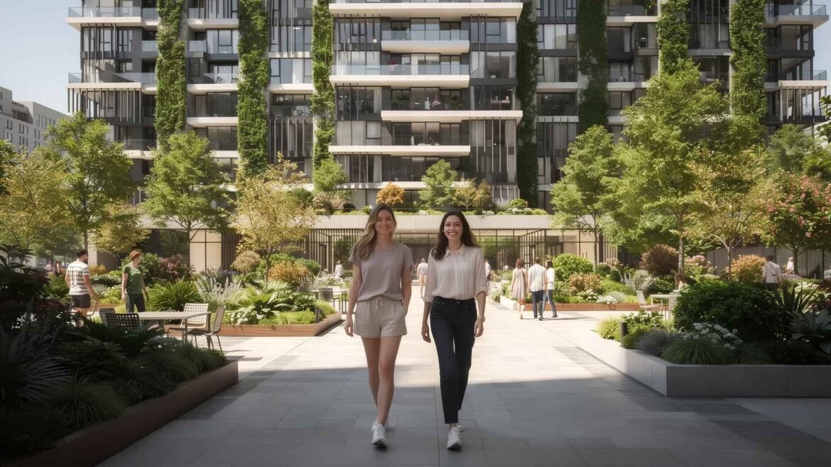 Rams Park House - Two young women walking through a landscaped residential courtyard surrounded by modern apartment buildings and green spaces.