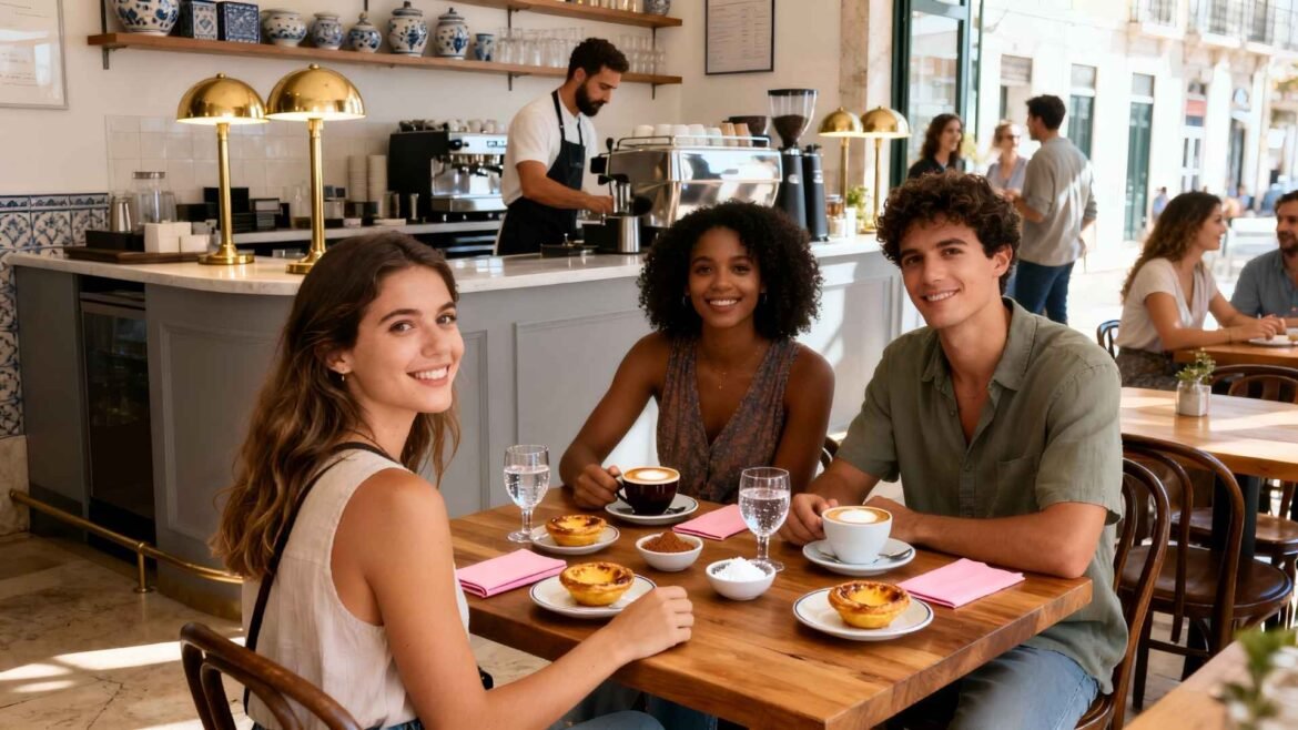 Group of friends enjoying the best pastel de nata in Lisbon at a cozy café