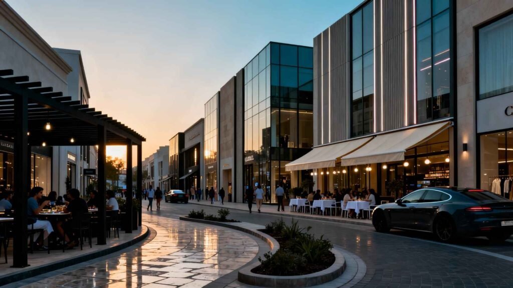 People dining outdoors along the luxury shopping street at IstinyePark Shopping Mall Istanbul