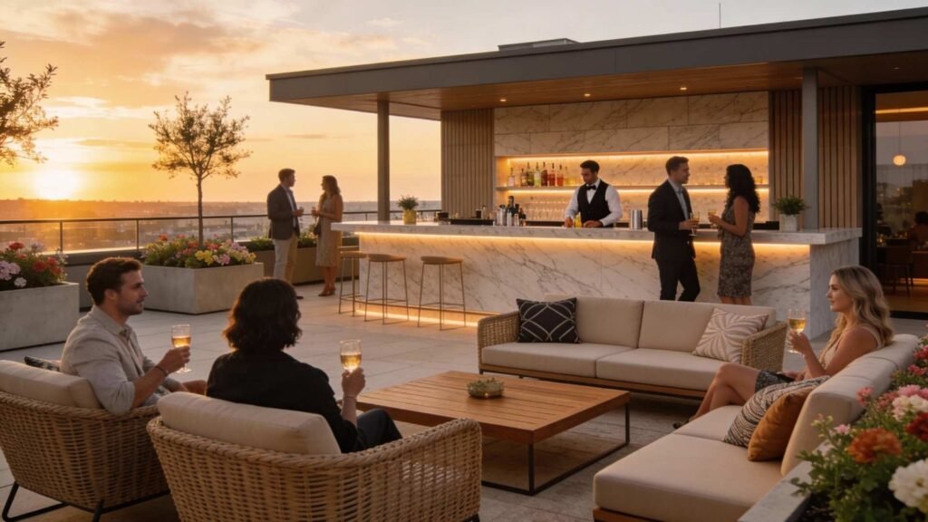 Residents relaxing in a luxury rooftop lounge with an outdoor bar at sunset in a modern residential complex.