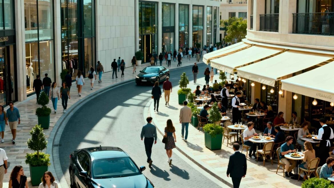 People walking and dining along the outdoor luxury shopping boulevard at IstinyePark Shopping Mall Istanbul