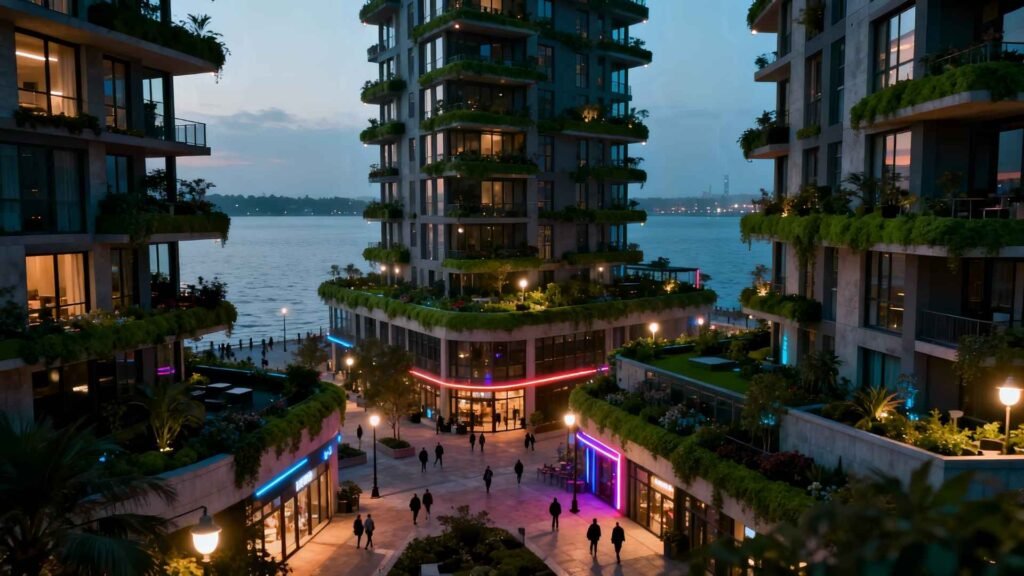 Modern mixed-use waterfront development in Singapore with residential towers and lifestyle spaces