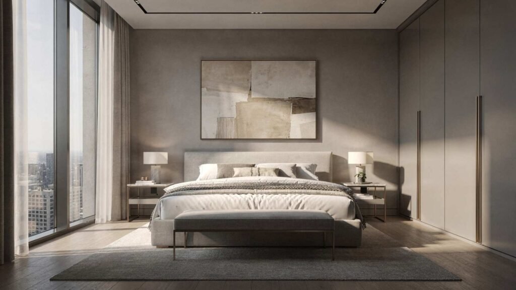 A modern master bedroom featuring minimalist design, neutral tones, and large windows offering an urban residential atmosphere.