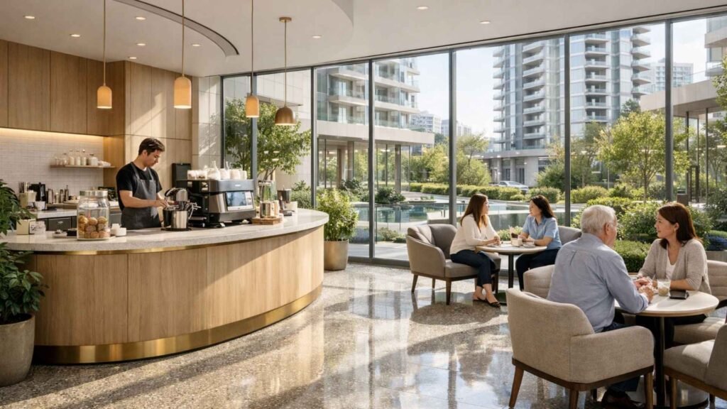 A modern café lounge inside a residential complex with floor-to-ceiling windows, a barista counter, and high-rise buildings outside.