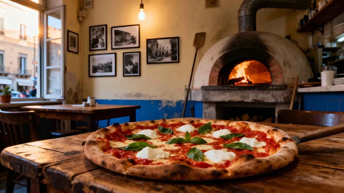 Authentic Margherita pizza in Naples served hot from a wood-fired oven