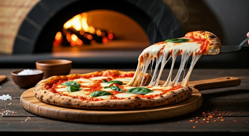 Close-up shot of a Neapolitan Margherita pizza with melted cheese stretching from a hot slice