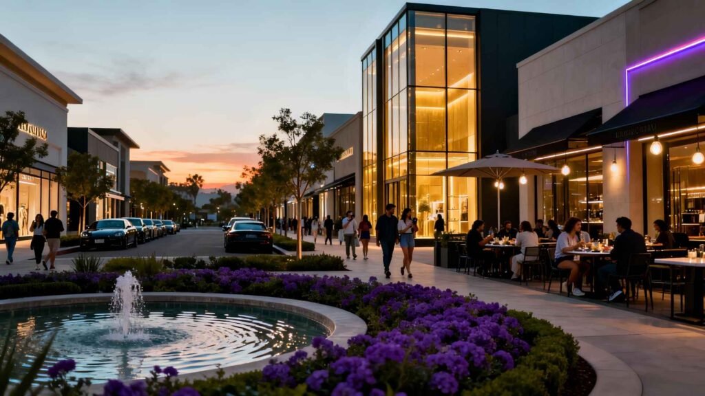 Elegant night scene with fountain and illuminated boutiques at IstinyePark Shopping Mall Istanbul