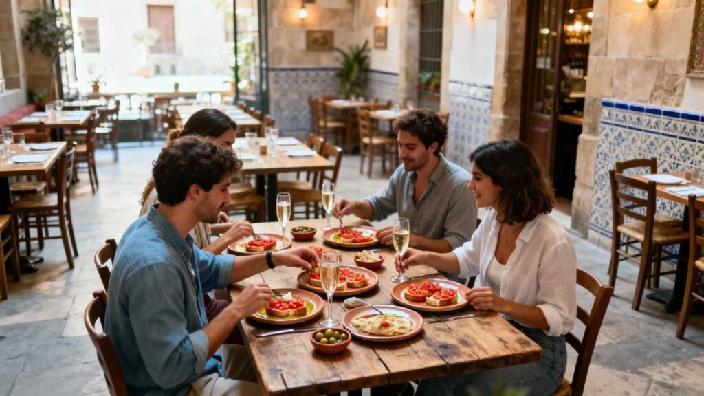 Friends enjoying Pa amb Tomàquet in a traditional Barcelona restaurant with rustic wooden tables and Catalan atmosphere