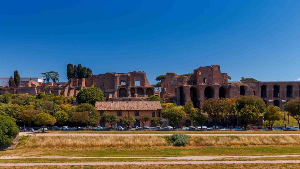 Ancient ruins on Palatine Hill in Rome overlooking the Roman Forum, showcasing historic architecture and scenic city views