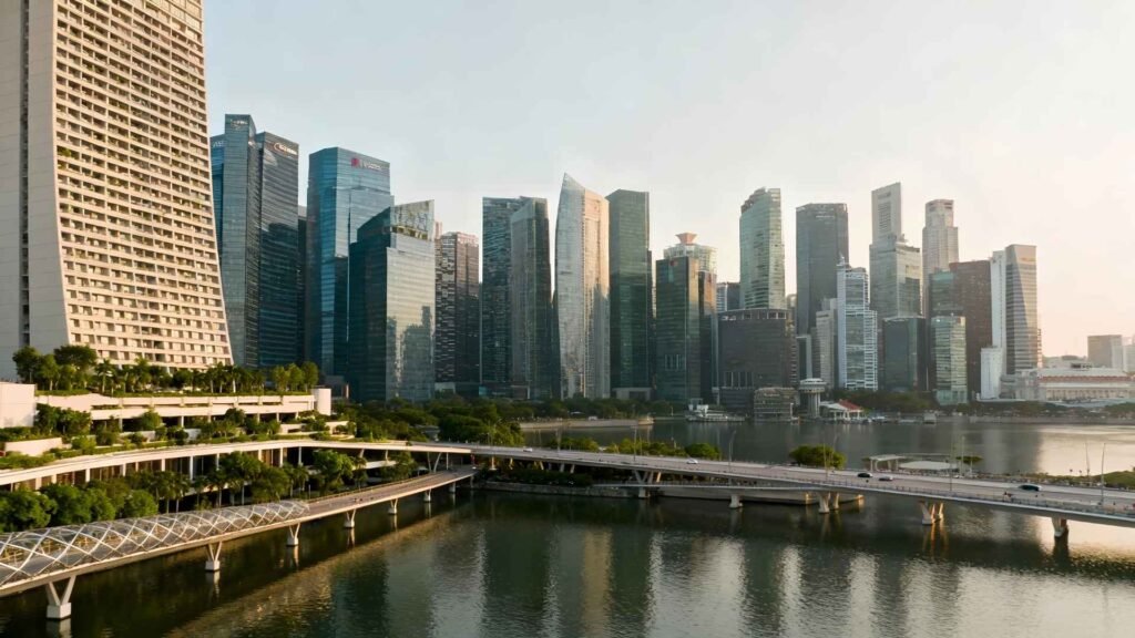 Singapore skyline at Marina Bay showcasing modern skyscrapers and waterfront urban development