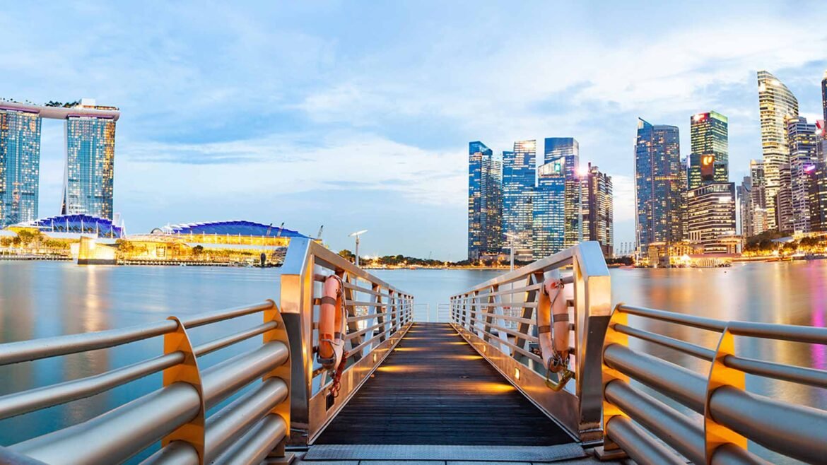 Singapore skyline at the Marina showcasing modern waterfront architecture and the Greater Southern Waterfront redevelopment area