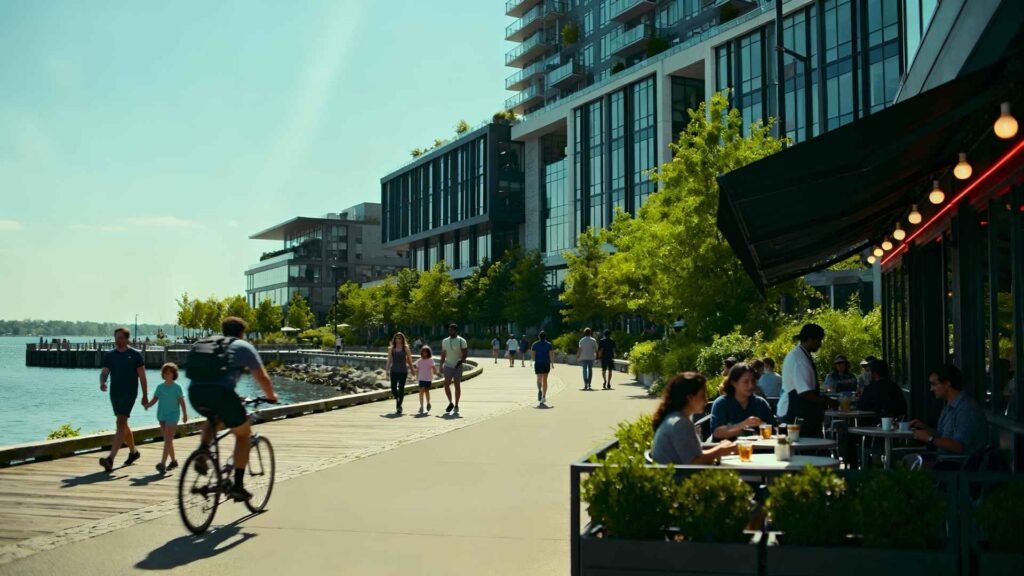 People enjoying waterfront promenade and modern urban lifestyle in Singapore