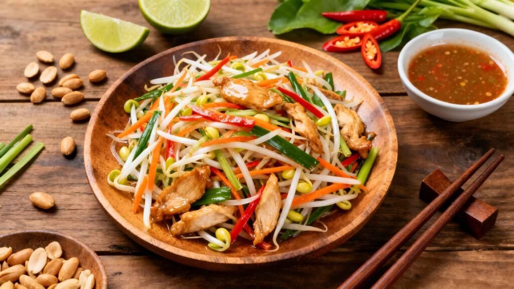 A wooden plate of Thai stir-fried chicken salad with bean sprouts, carrots, scallions, red chilies, and lime slices on a rustic table.