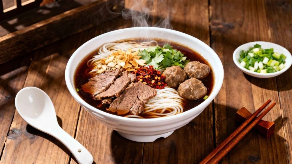 A steaming bowl of Thai boat noodles with beef slices, meatballs, herbs, and chili flakes.