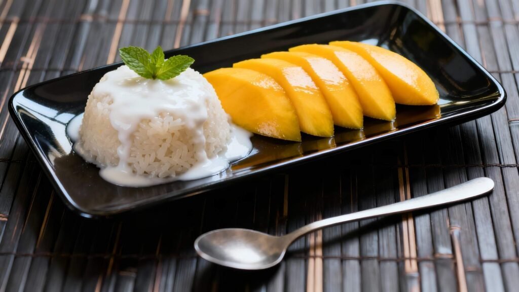 Sweet Thai mango sticky rice served on a black rectangular plate with coconut cream.