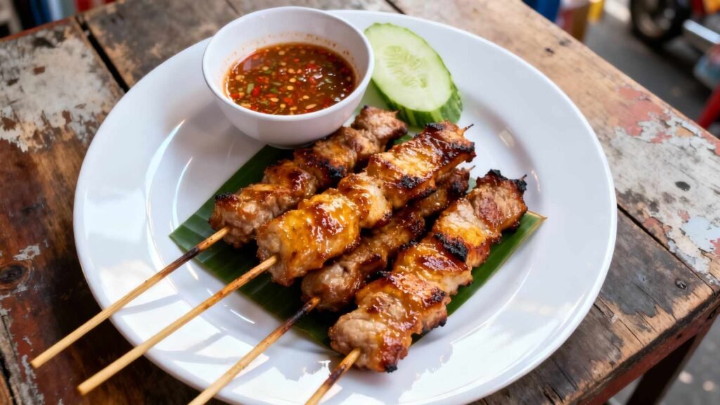 Charcoal-grilled Thai pork skewers served on a white plate with spicy dipping sauce.