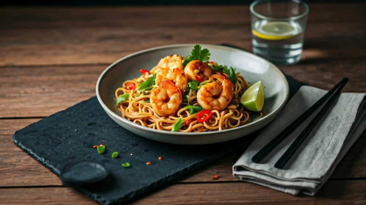 Pad Thai Thailand - A bowl of Pad Thai topped with shrimp, chili slices and lime on a wooden table.
