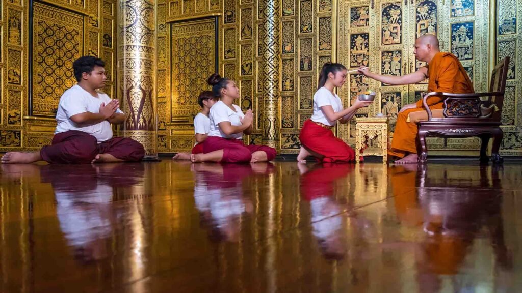 Traditional Thai teacher ceremony performed as a sacred Buddhist ritual to pay homage and show respect