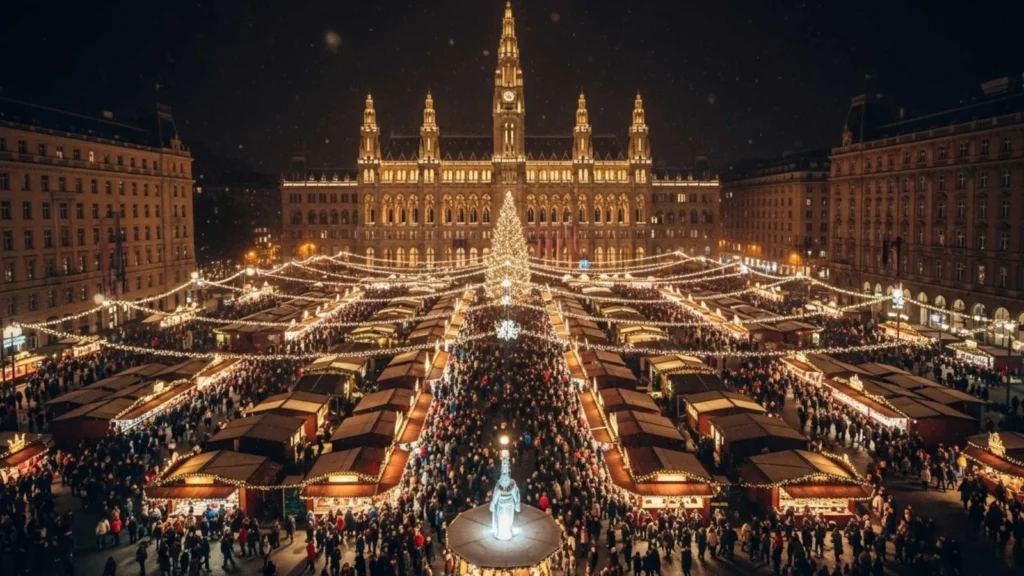 A festive night view of Vienna’s famous Christmas market with lights and crowds.