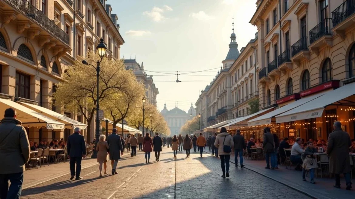 People walking along a bright spring street lined with outdoor cafés in Vienna.