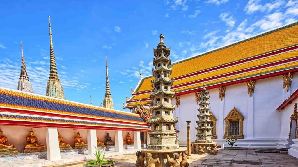 Wide view of the Wat Pho temple complex showcasing courtyards, stupas, and traditional Thai architecture in Bangkok, Thailand