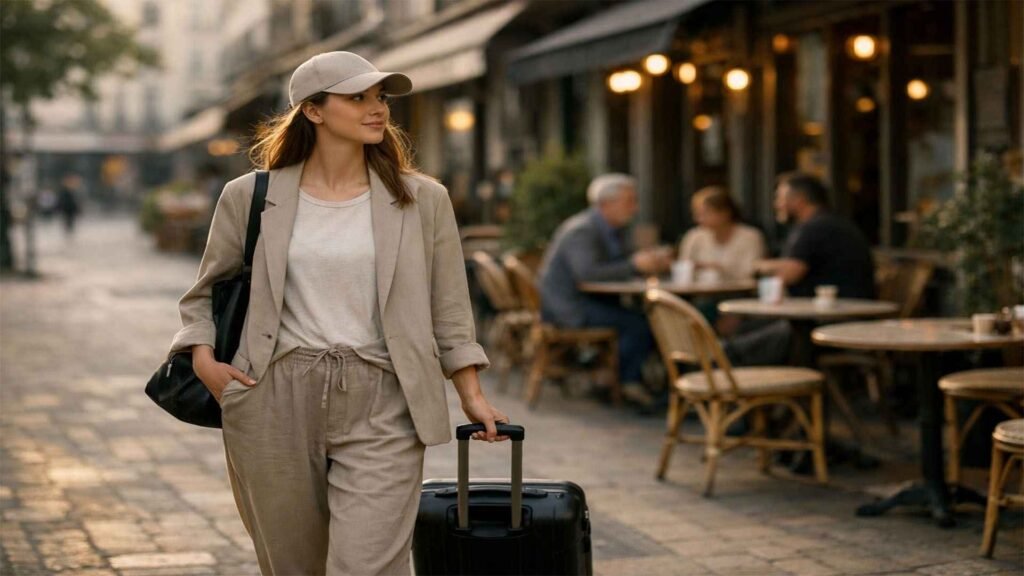 Woman wearing a neutral airport outfit walking through a city street with café seating after arrival