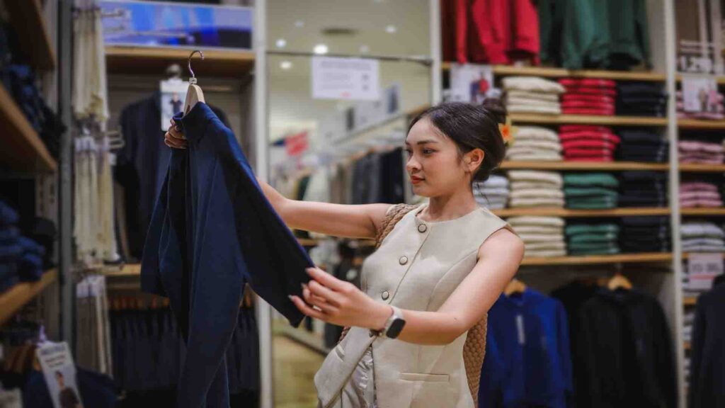 Asian woman browsing dresses inside a clothing store